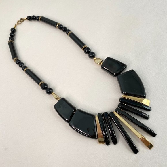 Vintage Japan Black Gold Chunky Statement Necklace - Picture 2 of 6